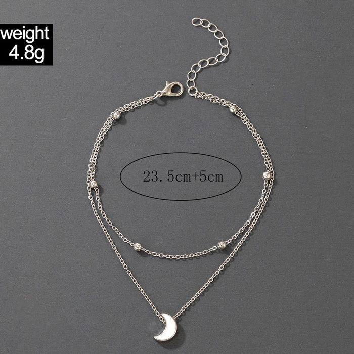 Silver Moon Double Layer Anklet with Geometric Crescent Bead Multi-Layer Chain