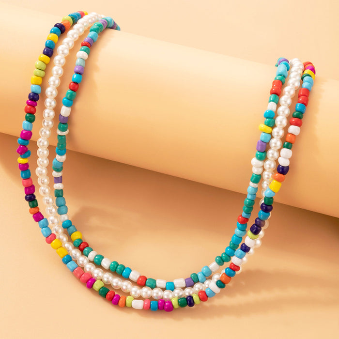 Bohemian Beaded Triple-Layer Necklace - Ethnic Pearl Multilayer Choker