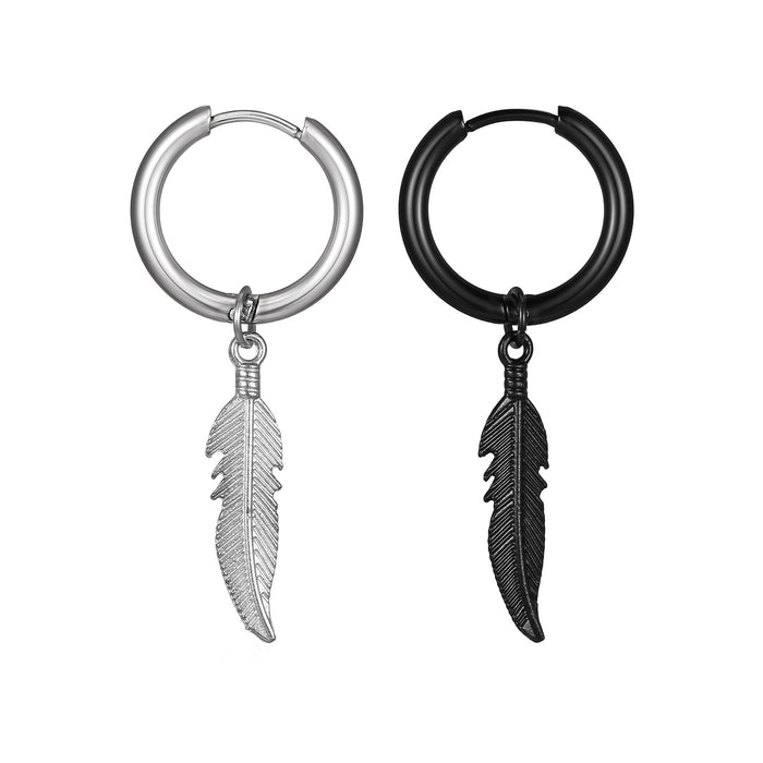 Punk feather pendant titanium steel earrings men's black earrings