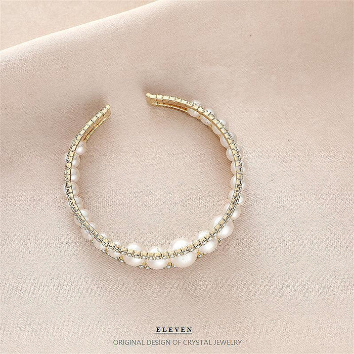 Korean Fashion Crystal Bracelet - Versatile Open Cuff with Faux Pearls, Stylish and Elegant