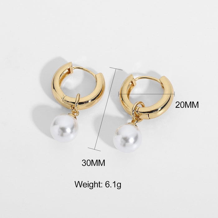 Pendientes de aro en forma de C con incrustaciones de circonitas y doble perla de acero inoxidable chapado en oro de 18 quilates de estilo europeo: joyería de moda para mujeres