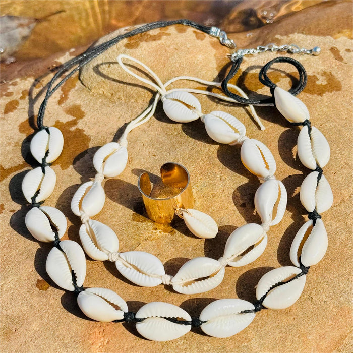 Beach Style Shell Necklace with Braided Bracelet Set - Four Pieces