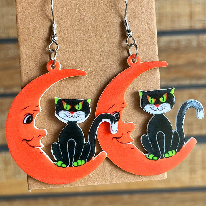 Halloween black cat acrylic earrings - wallojewerly 