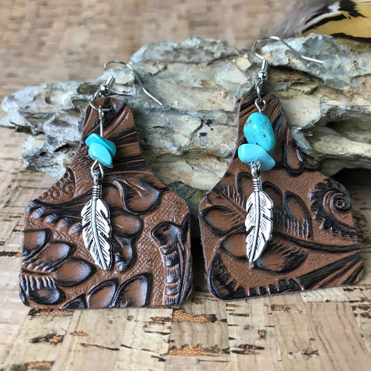 Vintage Floral Print Cowhide Earrings with Turquoise Leaf and Bottle Pendant