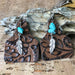Vintage Floral Print Cowhide Earrings with Turquoise Leaf and Bottle Pendant - wallojewerly 
