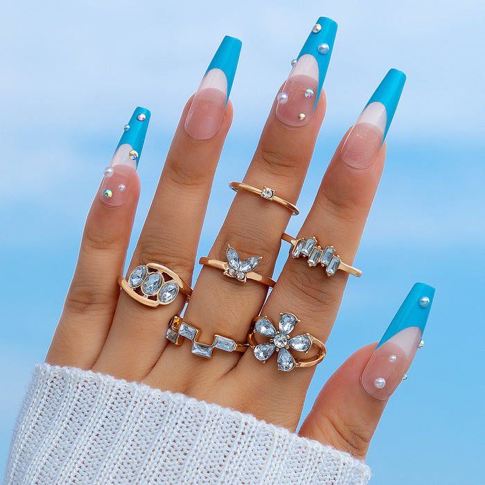 Light luxury butterfly flower diamond ring set, geometric irregular alloy six-piece set