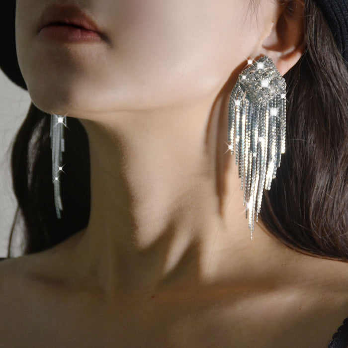 Long Rhinestone Tassel Earrings - Trendy Claw Chain Dangle Earrings for Elegant Evenings