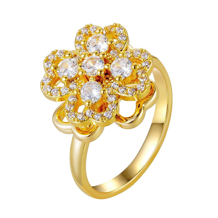 Wholesale micro-painted zircon and pearl four-leaf clover rotating open ring