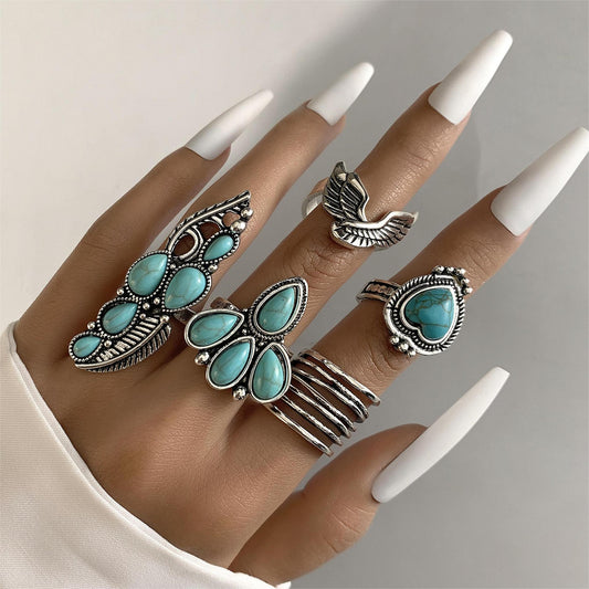 Vintage Ethnic Turquoise Floral Heart Ring Set – Carved Feather Joint Rings, 5-Piece Collection