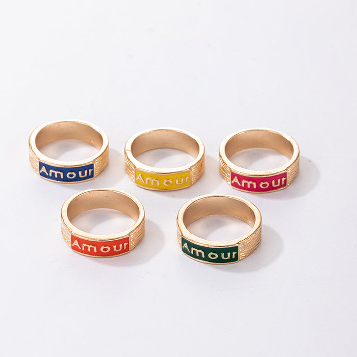 Colorful oil dripping letters simple 5-piece ring set