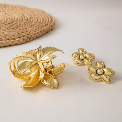 Eco-Friendly Alloy Gold Flower Earrings and Hair Claw Clip Set - Five-Petal Flower Jewelry for Women