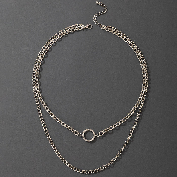 Ins Cool Metal Style Hollow Round Ring Necklace with Simple Punk Silver Chain Double-Layer Design