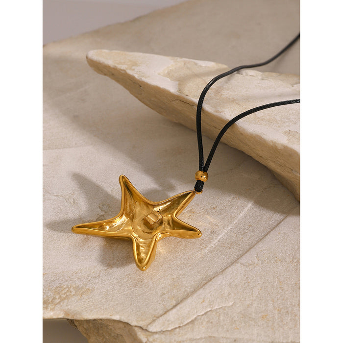 18K Gold-Plated Stainless Steel Star Pendant Necklace - Large Retro Spiral Starfish with Wax Cord