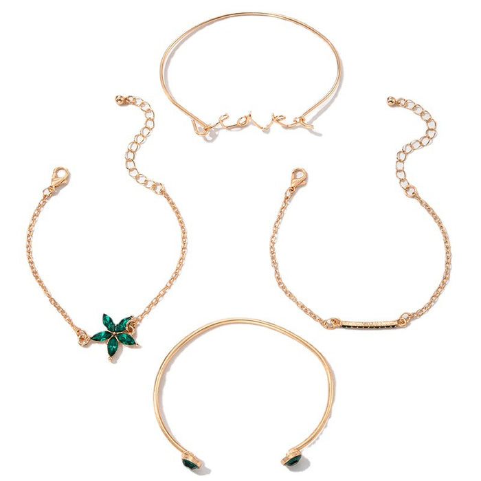 Conjunto de pulseras de diamantes de imitación con flores verdes: joyería multicapa de cuatro piezas para mujer