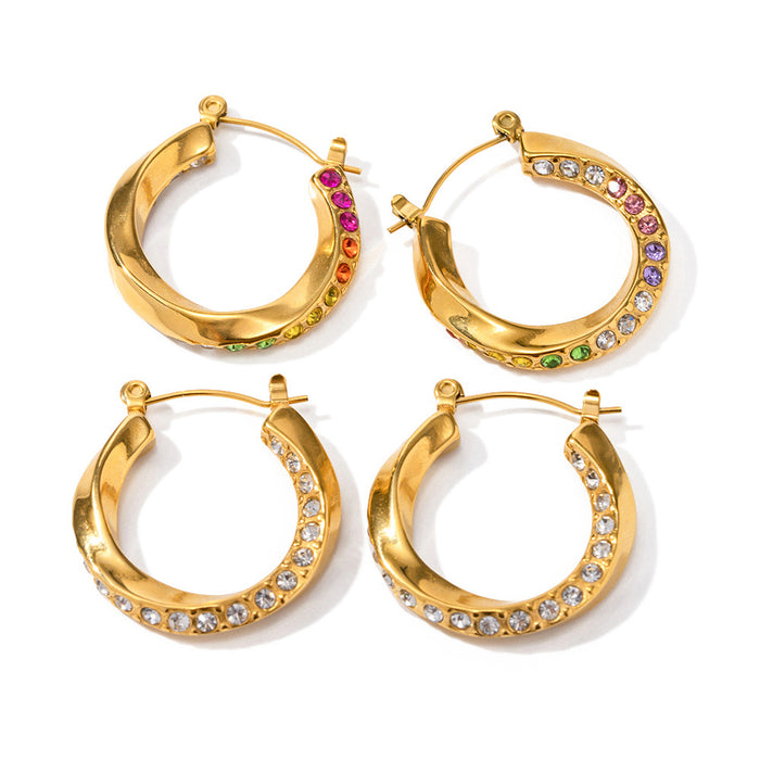 Fashionable 18K Gold Stainless Steel White Zircon Mobius Twist Hoop Earrings