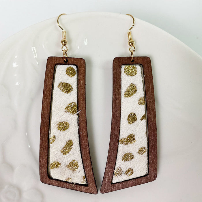 Bohemian Geometric Earrings with Leopard Print and Gold Dots on Cowhide Leather and Wood