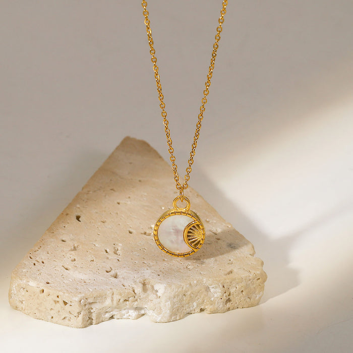 18K Gold-Plated Stainless Steel Moon Pendant Necklace with White Shell - Women's Fashion Jewelry