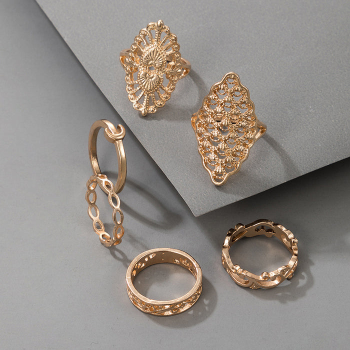 6-piece geometric wide ring set, hollow pattern moon design