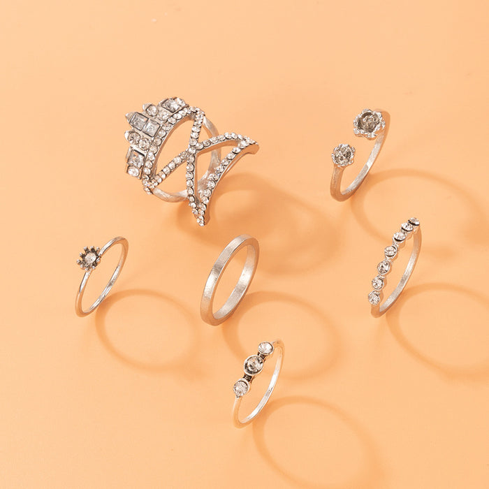 Six-piece diamond cross ring set, flower-shaped diamond-studded open design