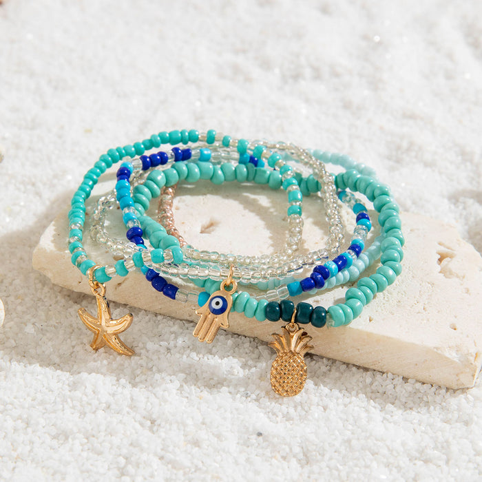 Bohemian Starfish Blue Beaded Bracelet Set - Creative Evil Eye Jewelry Five-Piece Set