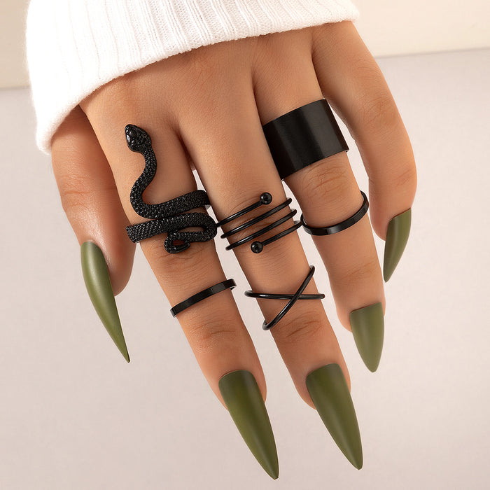 Geometric snake cross ring, multi-piece set black simple plain aperture six-piece set