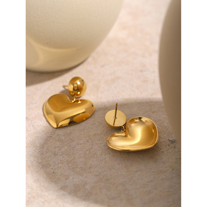 18K Gold Stainless Steel Polished Ball Earrings - Minimalist Heart Studs Jewelry