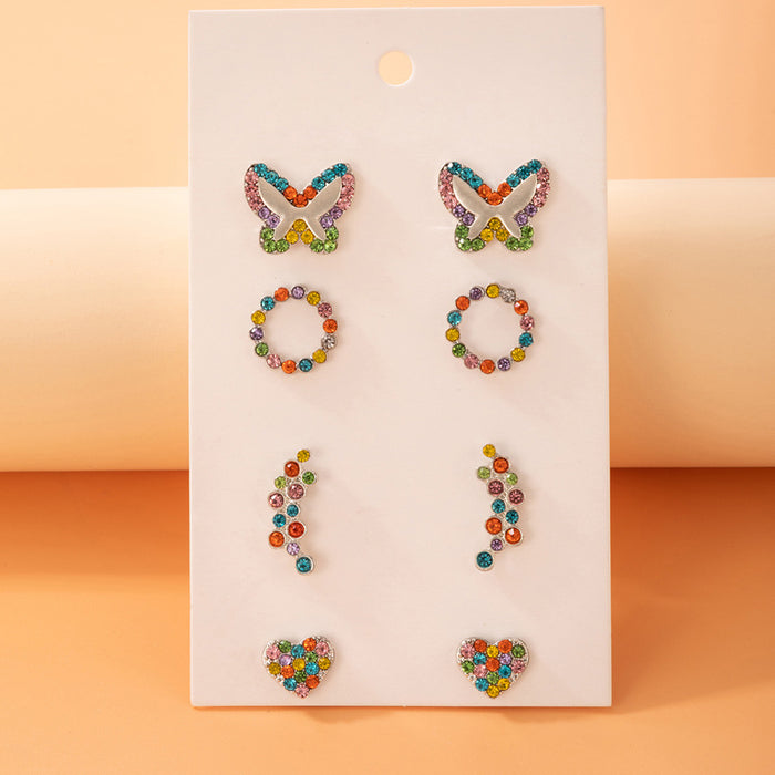 Colorful butterfly heart earrings set irregular geometric four-piece set