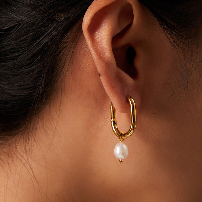 18K Gold Plated Stainless Steel Freshwater Pearl Hoop Earrings - Fashionable Pendant Jewelry