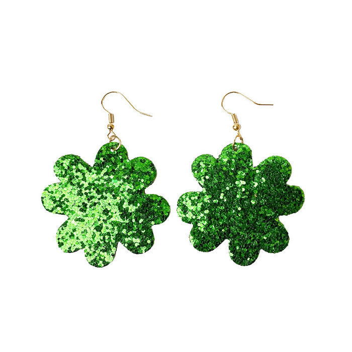 St. Patrick's Day Glitter Earrings with Green Polka Dot and Leather Flower