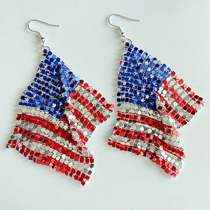 Independence Day Feather Leather Earrings with American Flag and Metal Mesh Design