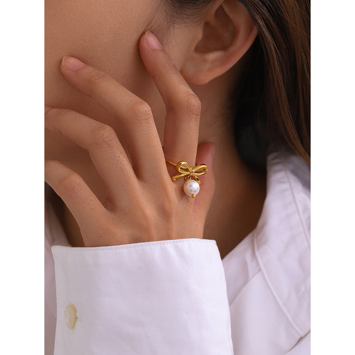 18K Gold-Plated Stainless Steel Adjustable Ring Necklace with Butterfly Knot - Simple Design with Pearl Earrings