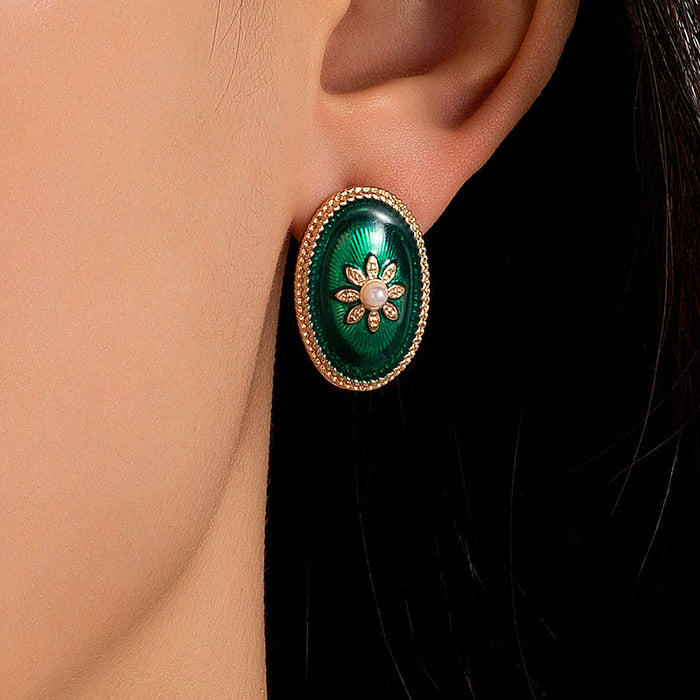 Pendientes de gota de aceite geométricos retro, pendientes de estilo festivo con perlas y flores frescas