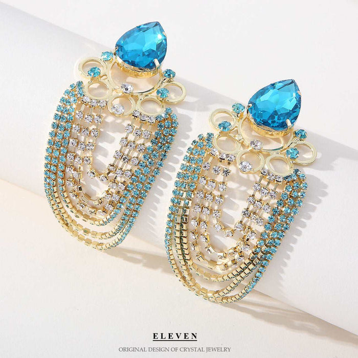 Blue full diamond tassel chain earrings