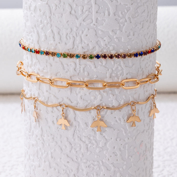 Colorful Crystal Triple-Layer Anklet with Swallow and Alloy Disc Charms