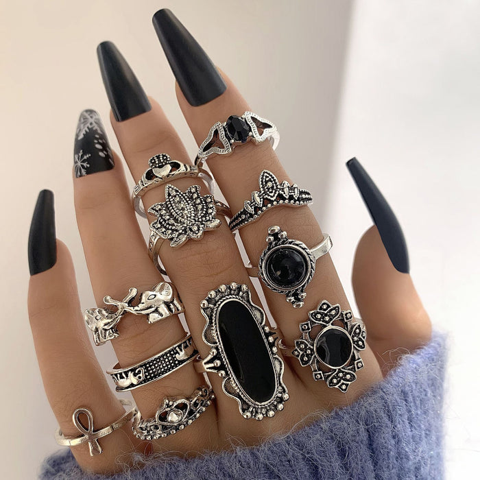 Black Gemstone Rings - 5pcs Set