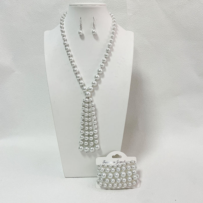 Wholesale glass pearl tassel necklace, bracelet, and earring sets - wallojewerly 