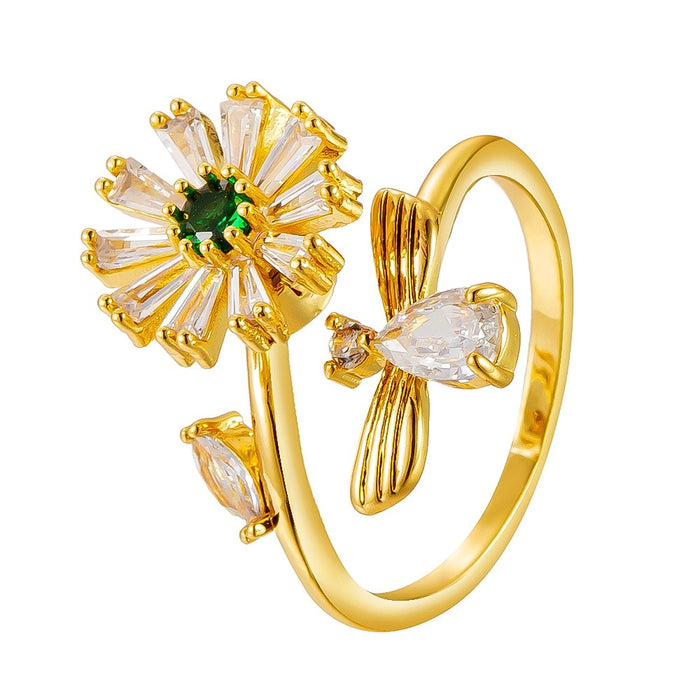 Wholesale copper micro-painted zircon bee and daisy rotating open ring