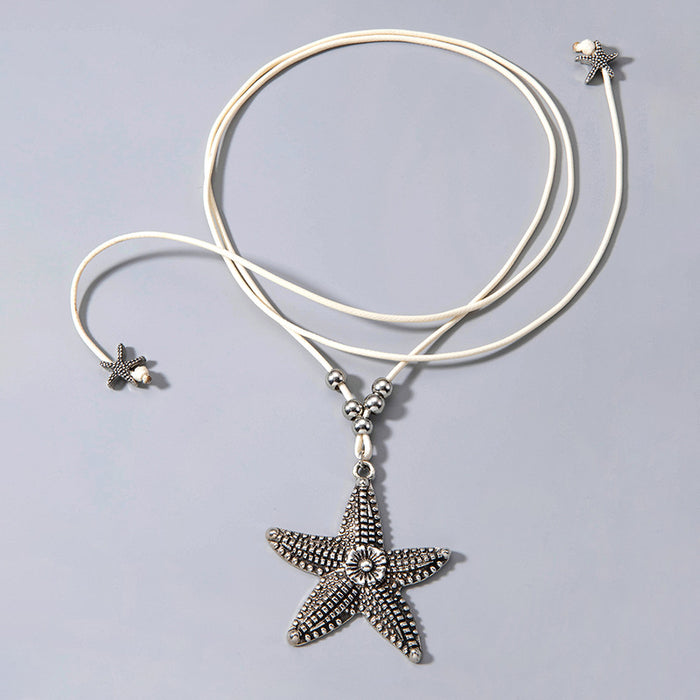 Collar con colgante de estrella de mar bohemio con cuerda de cuero: joyería de estilo playero para hombres y mujeres