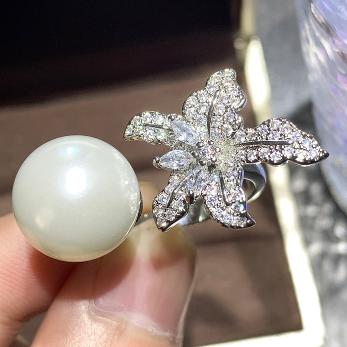 Inlaid imitation pearl flower ring starfish open ring