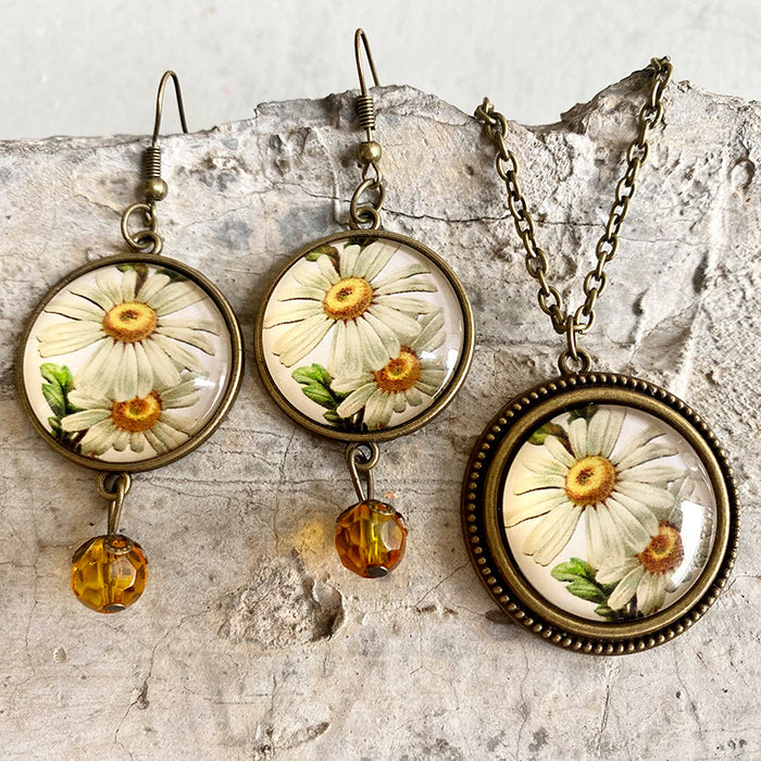 Vintage Sunflower Jewelry Set with Time Gemstone Necklace and Earrings - Bohemian Style