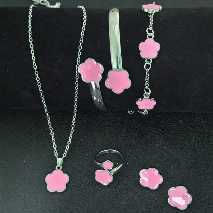 Wholesale 5-piece set of five-petal flower necklace, bracelet, bangle, earrings, and ring - wallojewerly 