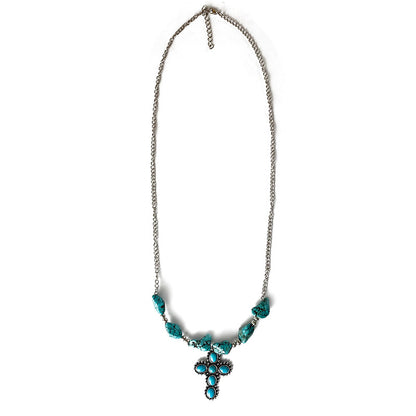 Pumpkin Flower Western Necklace with Indian Tribal Elements, Turquoise Bull Head, and Cross Pendant