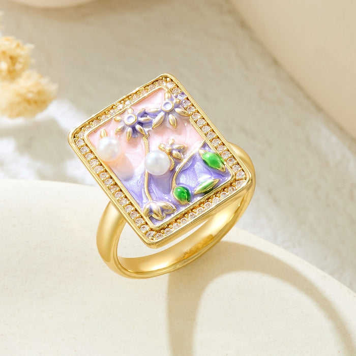 Wholesale copper micro-inlaid enamel painted drip flower open ring