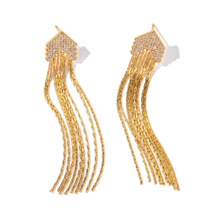 Minimalist 16K Gold Stainless Steel White Zircon Tassel Earrings - Exaggerated Geometric Design for Women