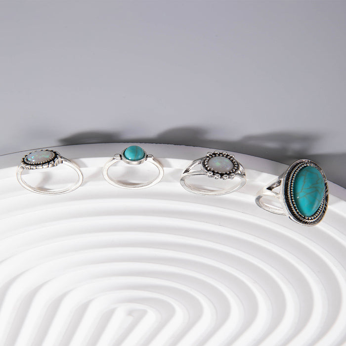 Green Turquoise Gemstone Ring Set - 4pcs Oval Opal Rings