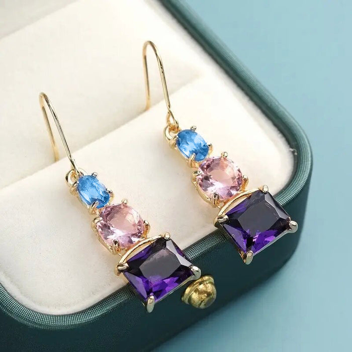 Pendientes de circonitas de colores mezclados en azul y rosa con temperamento, pendientes de moda medianos y largos