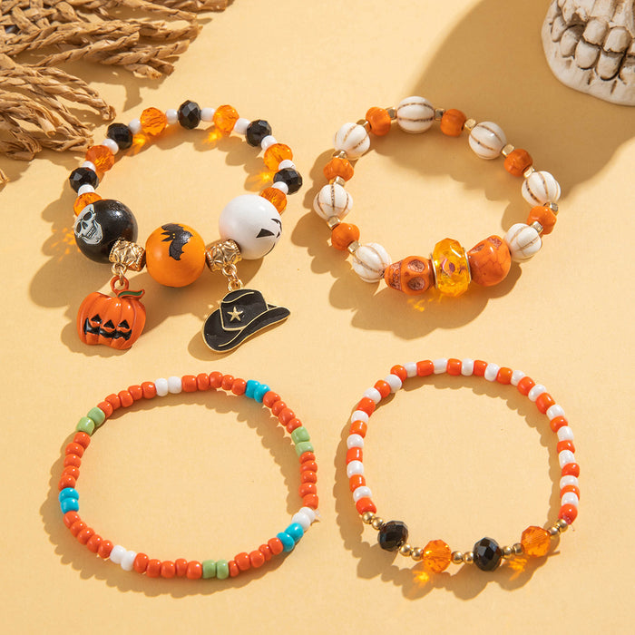 Juego de pulseras de cuentas con forma de calabaza y calavera para Halloween: accesorio único y divertido de cuatro piezas