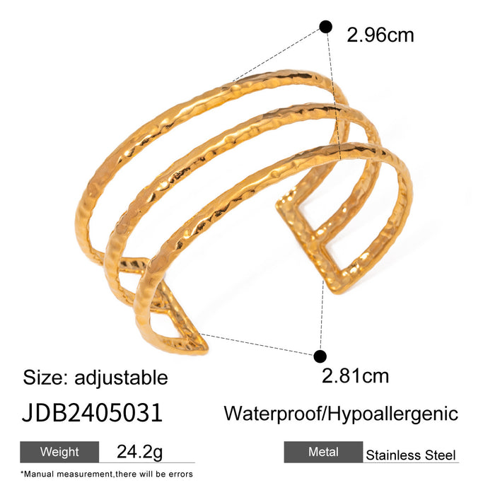 2024 New 18K Gold Plated Stainless Steel Triple Hammered Open Bracelet - Popular Titanium Steel Jewelry