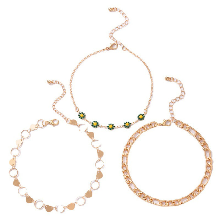 Minimalist Floral Heart Gold Anklet Three-Piece Set with Metal Round Pendant Chain