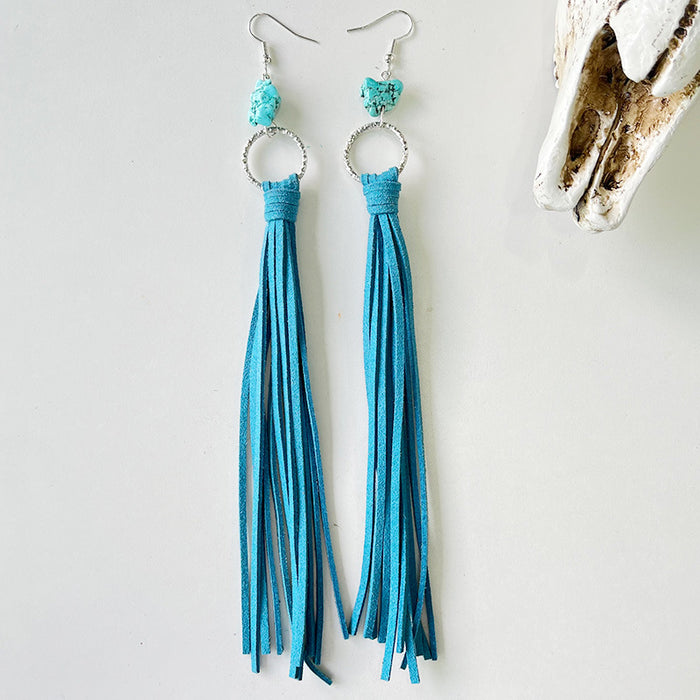 Exaggerated Western Bohemian Leather Tassel Earrings with Turquoise Hoops